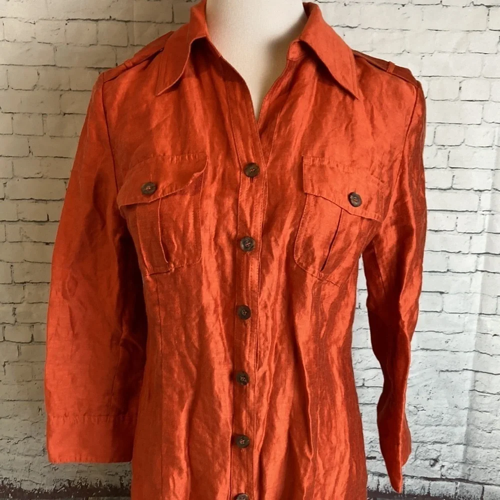 Tesori Linen Tunic Button Up Top Orange Shimmer S Old Money Resortwear Lagenlook - Picture 2 of 12